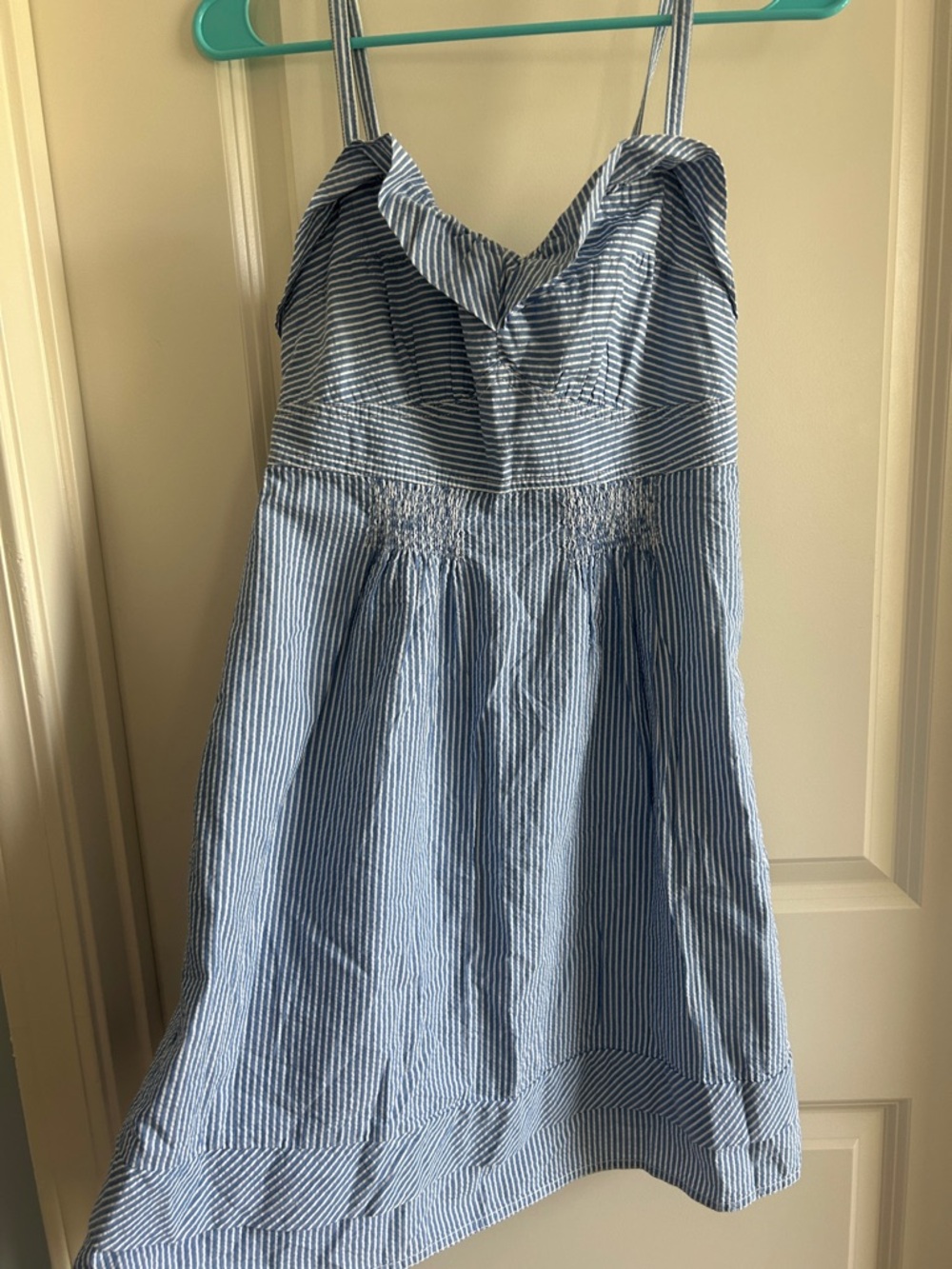 American Eagle Outfitters Blue and White Striped seersucker Tie-Shoulder Dress